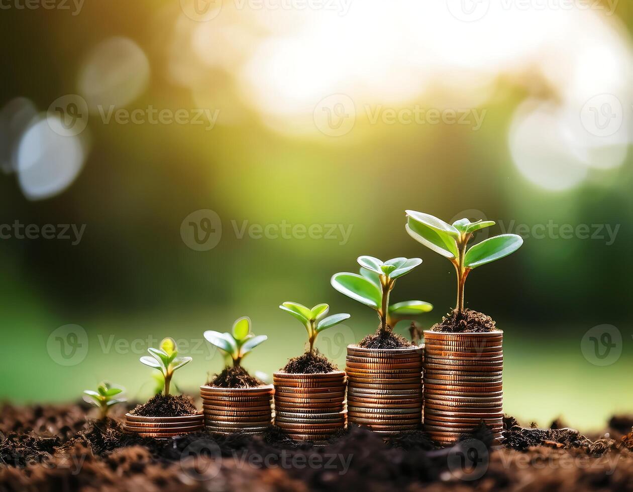 Money and plants growing on coins in the garden photo
