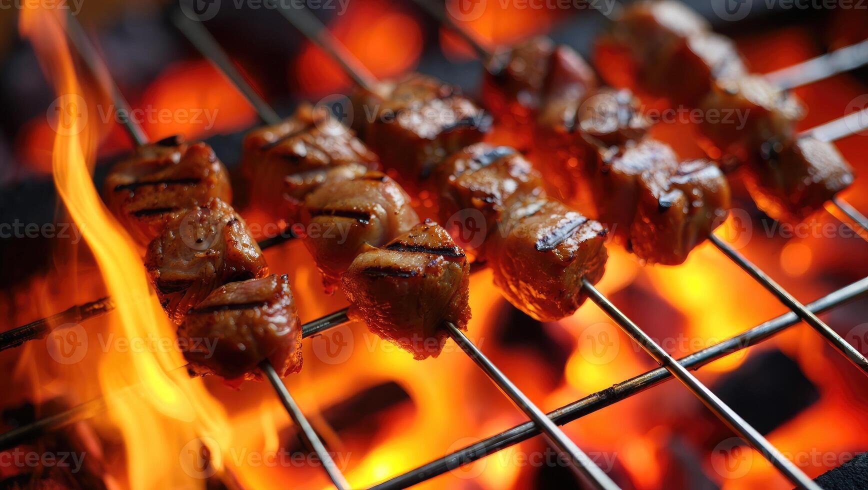 Skewers grilling over open flames at a summer barbecue gathering photo