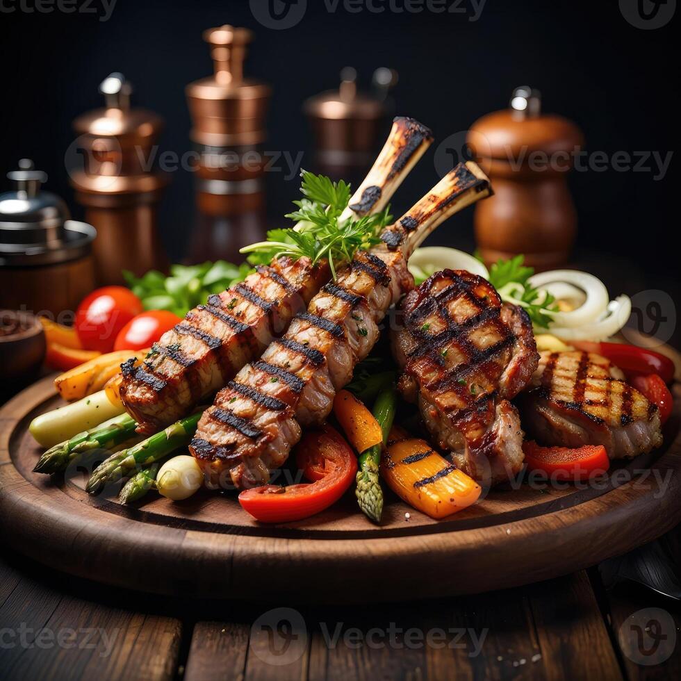 Grilled lamb chops and colorful vegetables served on wooden platter at a rustic dining table photo