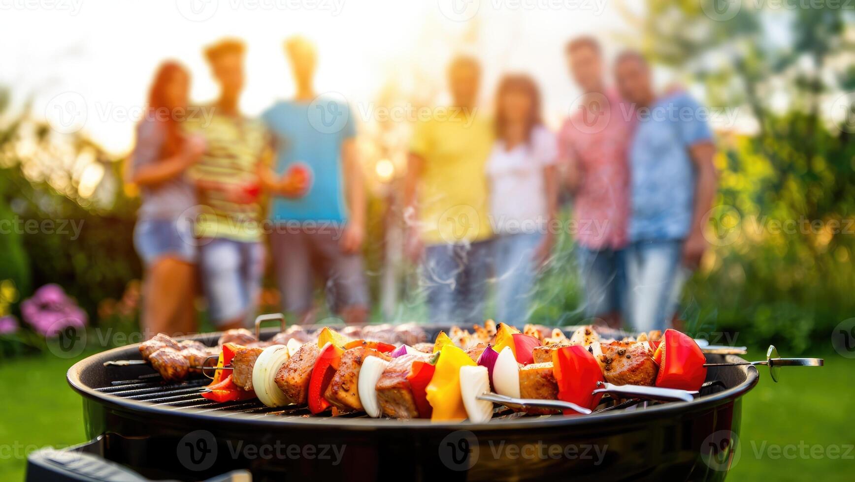 Friends enjoying a barbecue gathering with grilled kebabs in a sunny garden setting photo