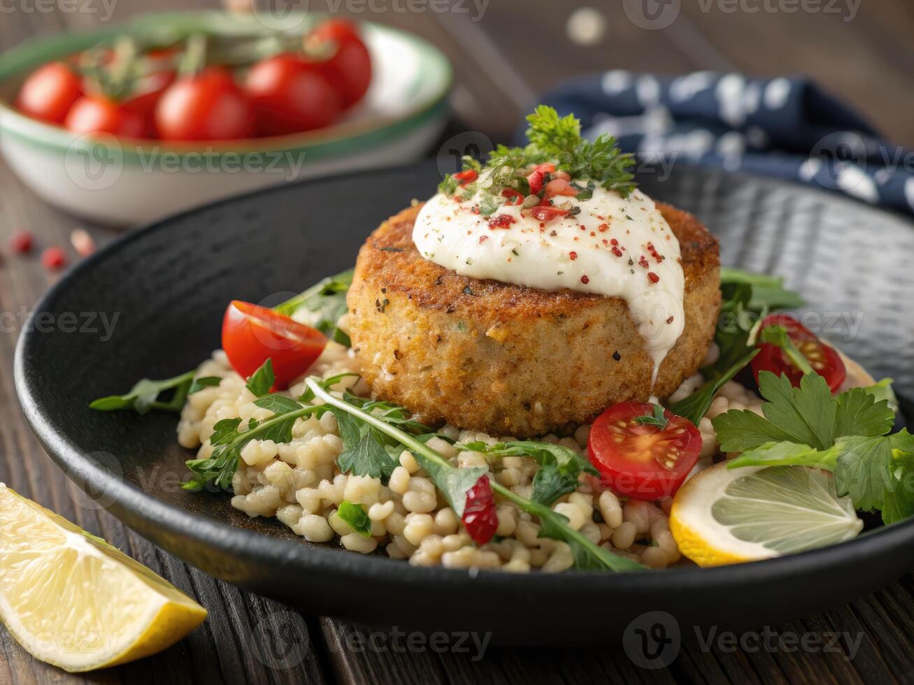 Golden brown crab cake served with fresh herbs and tomatoes on a wooden table photo