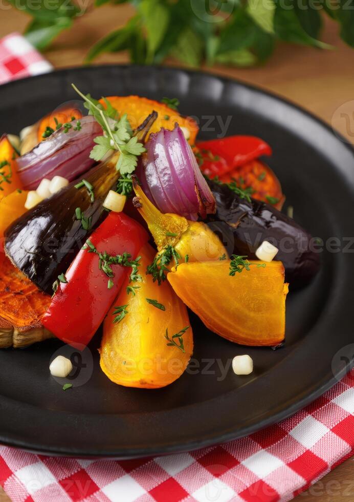 Colorful roasted vegetables arranged on a black plate with fresh herbs photo