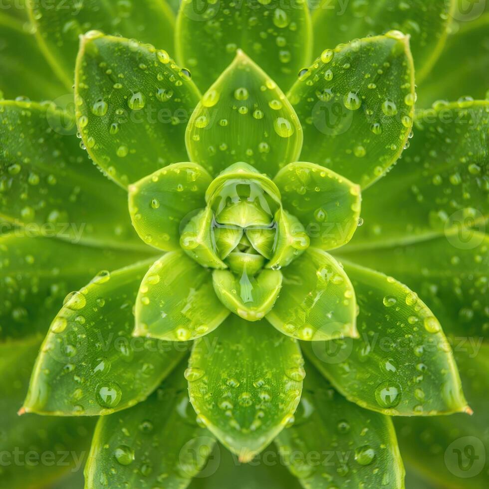 Close up view of a succulent plant showing vibrant green leaves adorned with water droplets photo
