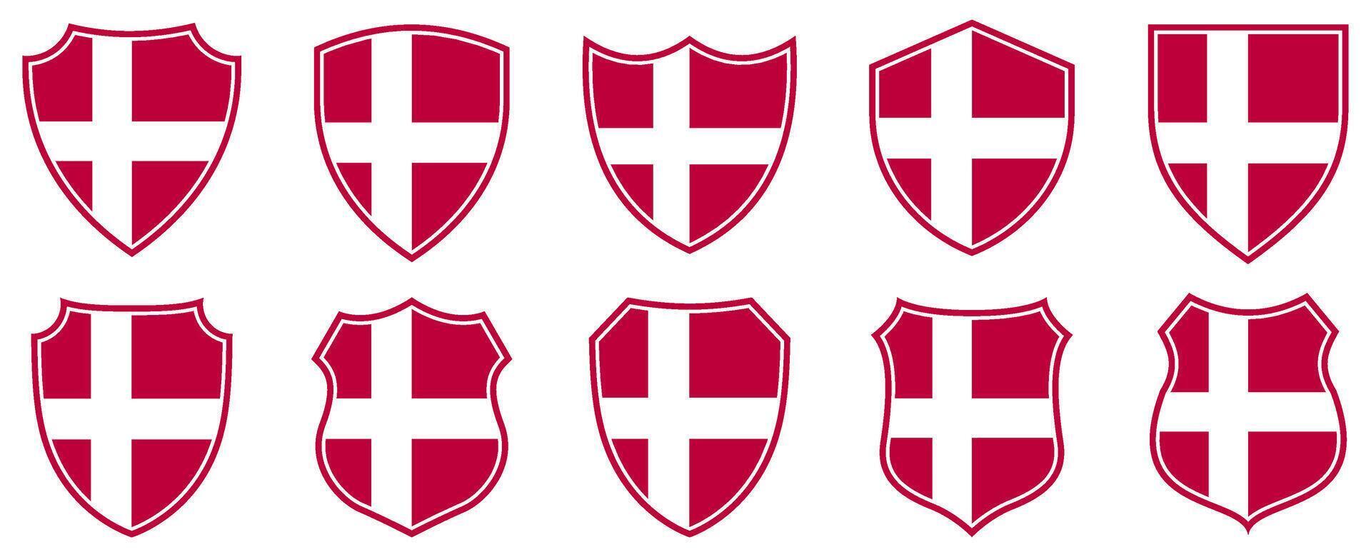 set collections denmark flag in shield badge icon. denmark flag symbol of powerful country. denmark vintage emblem label sticker design template illustration vector