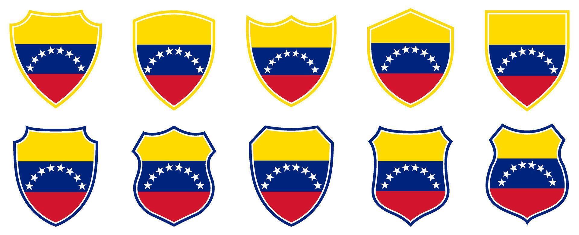 set collections venezuela flag in shield badge icon. venezuela flag symbol of powerful country. venezuela independence day emblem label sticker design template illustration vector