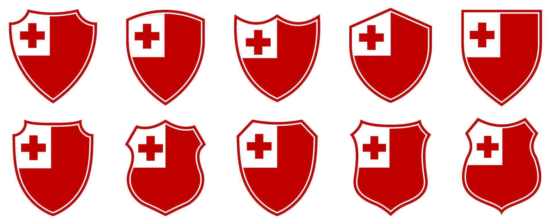 set collections tonga flag in shield badge icon. tonga flag symbol of powerful country. tonga independence day emblem label sticker design template illustration vector