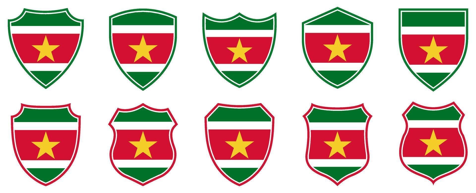 set collections suriname flag in shield badge icon. suriname flag symbol of powerful country. suriname independence day emblem label sticker design template illustration vector
