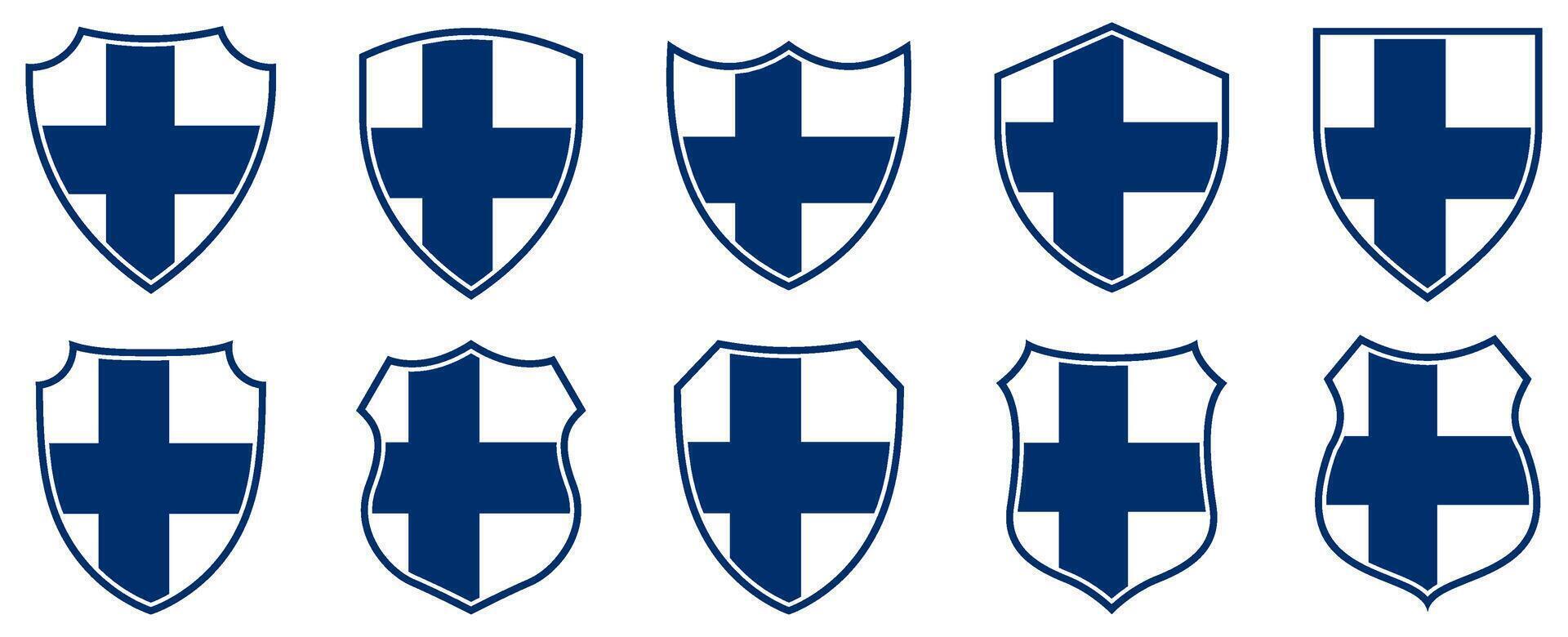 set collections findland flag in shield badge icon. Greece flag symbol of powerful country. Greece independence day emblem label sticker design template illustration vector
