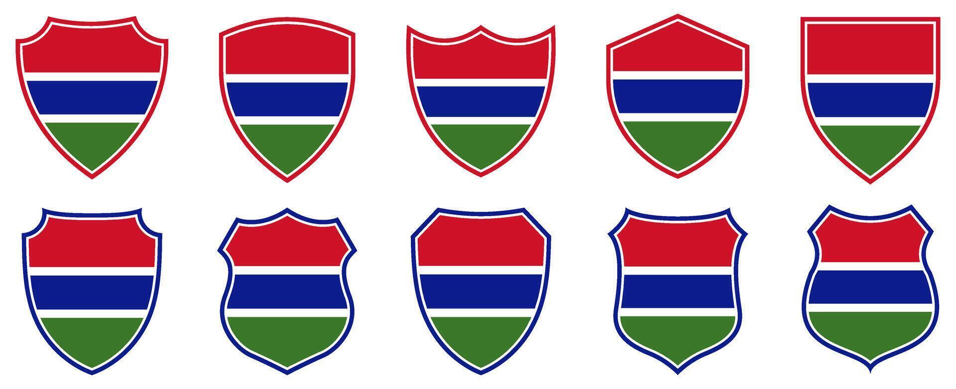 set collections gambia flag in shield badge icon. gambia flag symbol of powerful country. gambia independence day emblem label sticker design template illustration vector