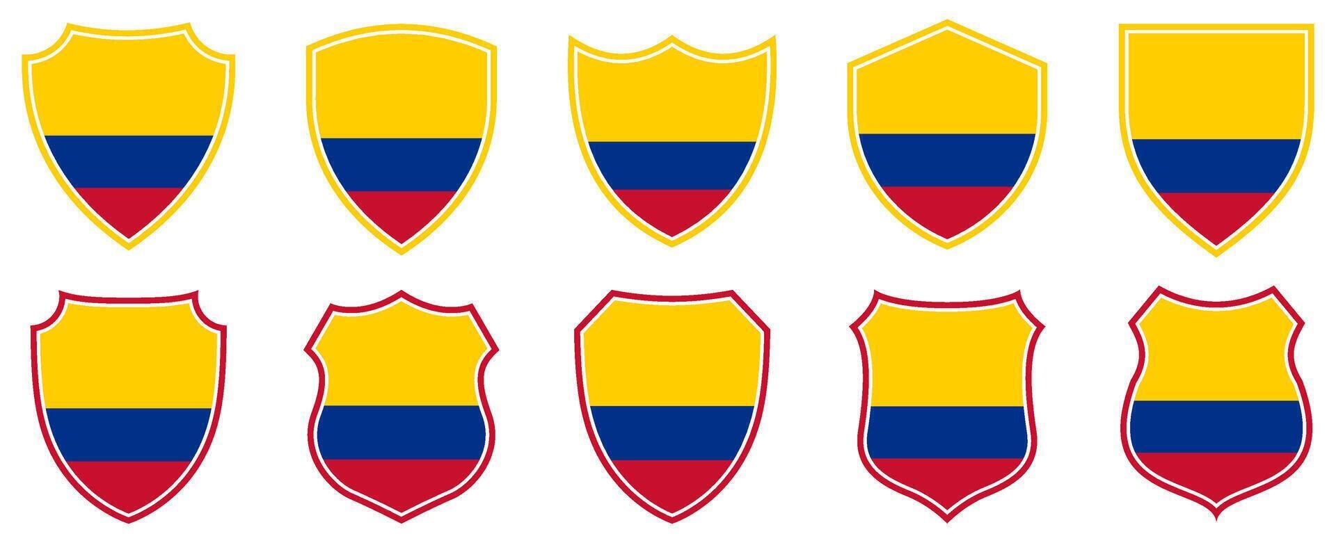 set collections colombia flag in shield badge icon. colombia flag symbol of powerful country. colombia independence day emblem label sticker design template illustration vector