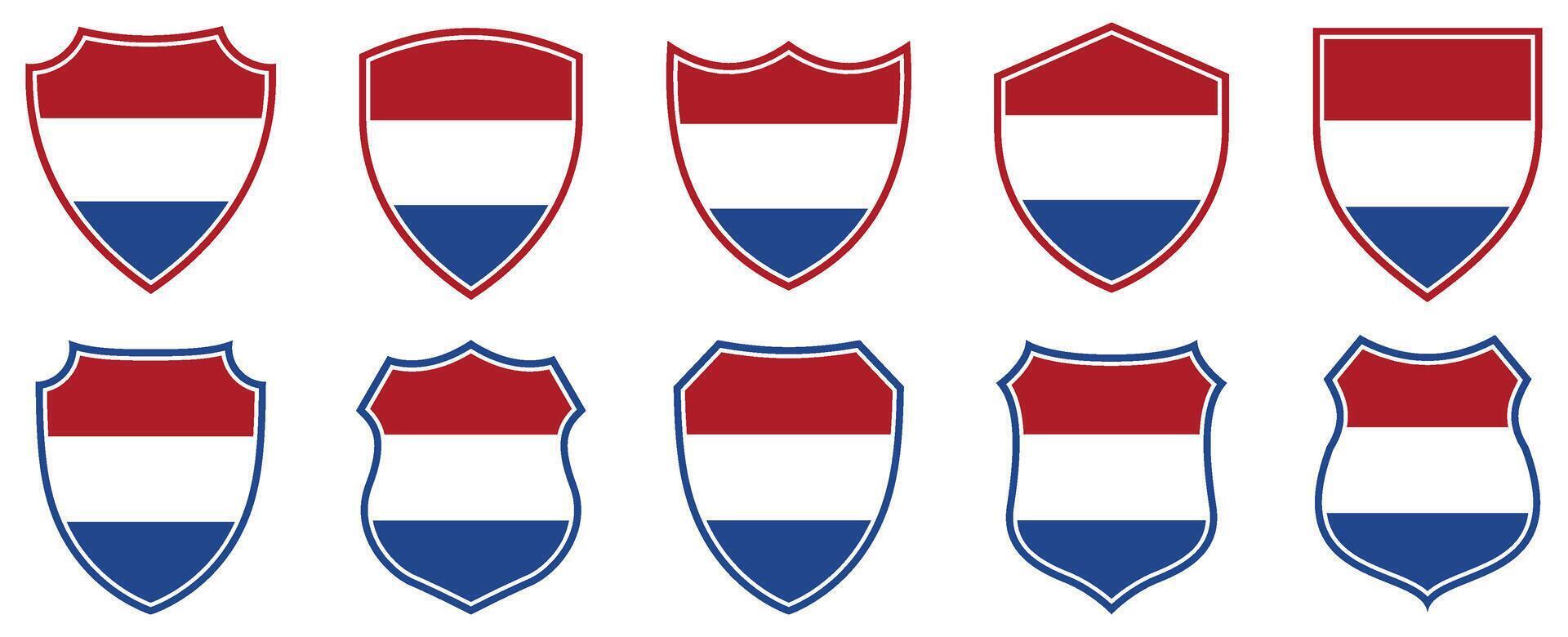 set collections Netherlands flag in shield badge icon. Netherlands flag symbol of powerful country. Netherlands independence day emblem label sticker design template illustration vector