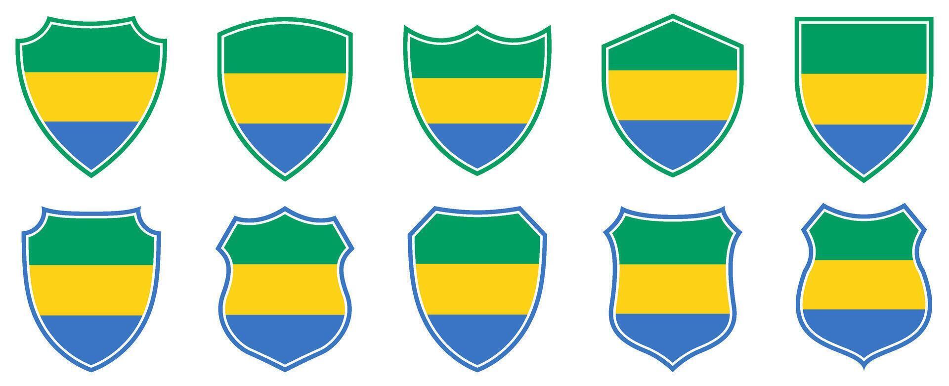 set collections gabon flag in shield badge icon. gabon flag symbol of powerful country. gabon independence day emblem label sticker design template illustration vector