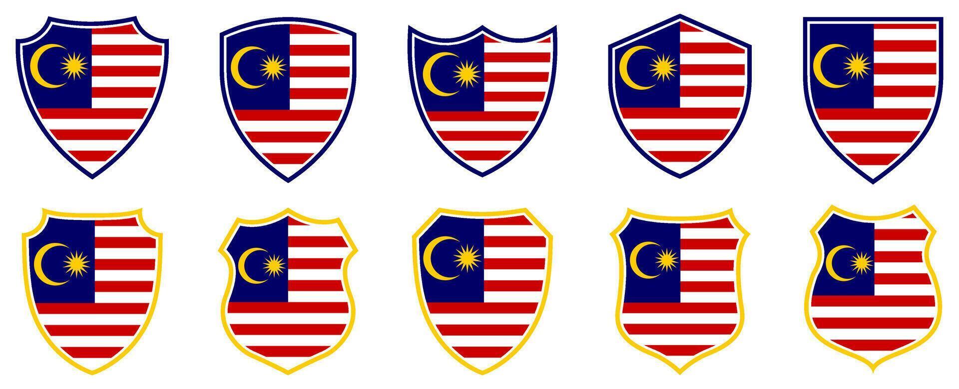 set collections malaysia flag in shield badge icon. malaysia flag symbol of powerful country. malaysia independence day emblem label sticker design template illustration vector