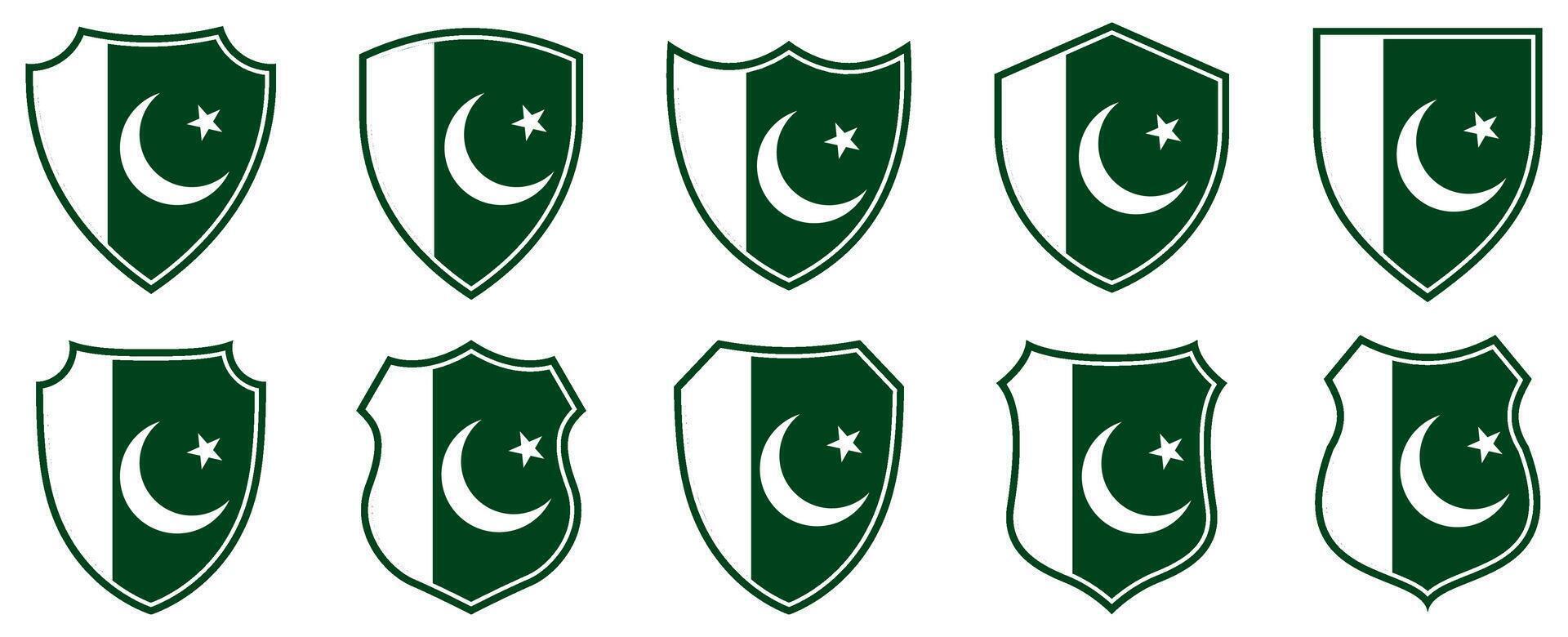 set collections pakistan flag in shield badge icon. pakistan flag symbol of powerful country. pakistan independence day emblem label sticker design template illustration vector