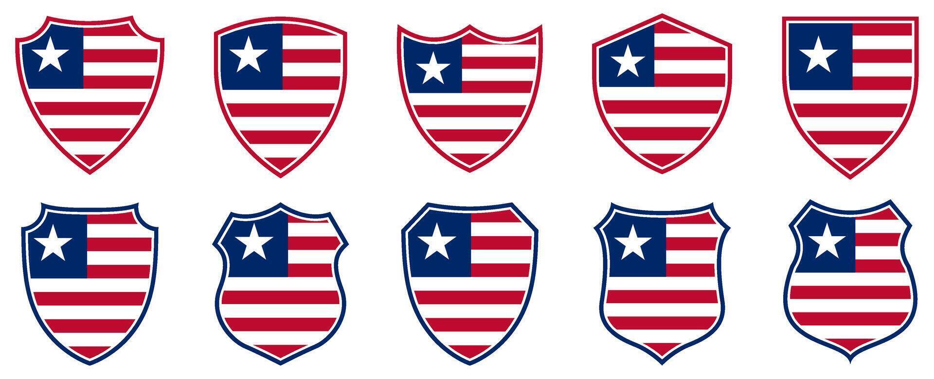 set collections liberia flag in shield badge icon. liberia flag symbol of powerful country. liberia independence day emblem label sticker design template illustration vector