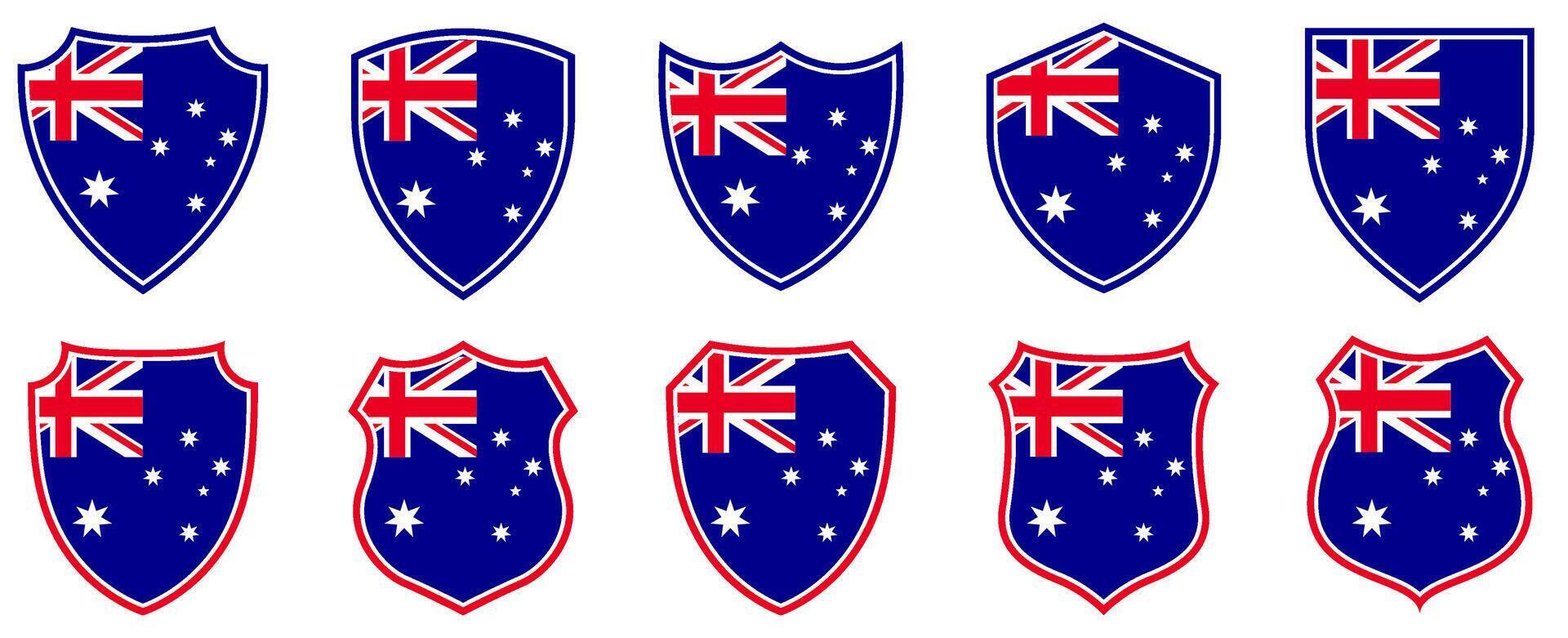 set collections australia flag in shield badge icon. australia flag symbol of powerful country. australia vintage emblem label sticker design template illustration vector