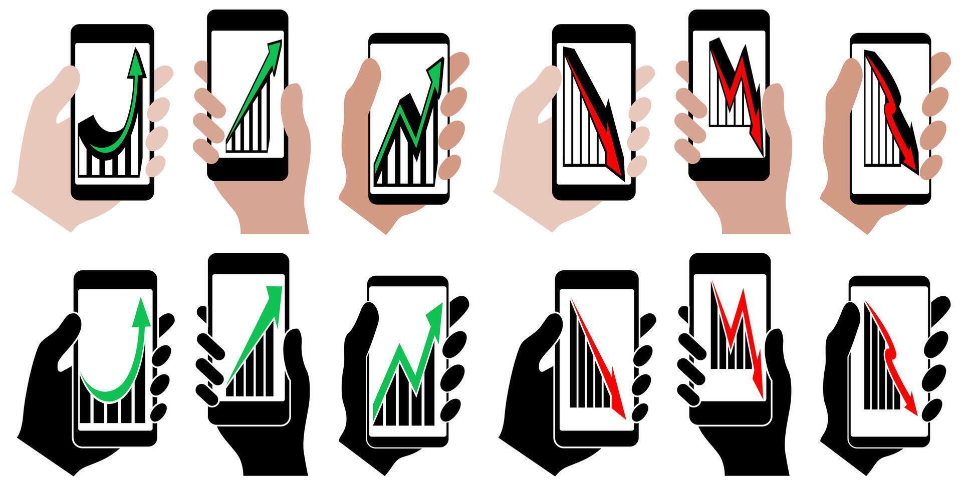 Set holding phone show Graph going Up and Down icon. investment sign. Business sales bar chart symbol design illustration vector