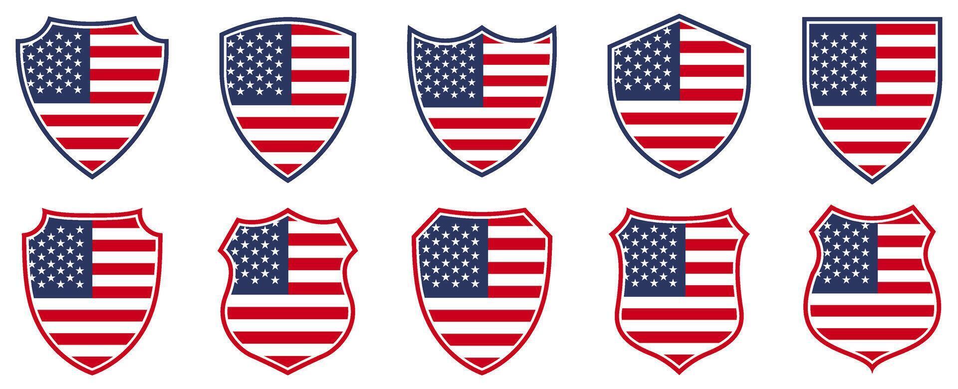 set collections USA flag in shield badge icon. USA flag symbol of powerful country. United States of America independence day emblem label sticker design template illustration vector
