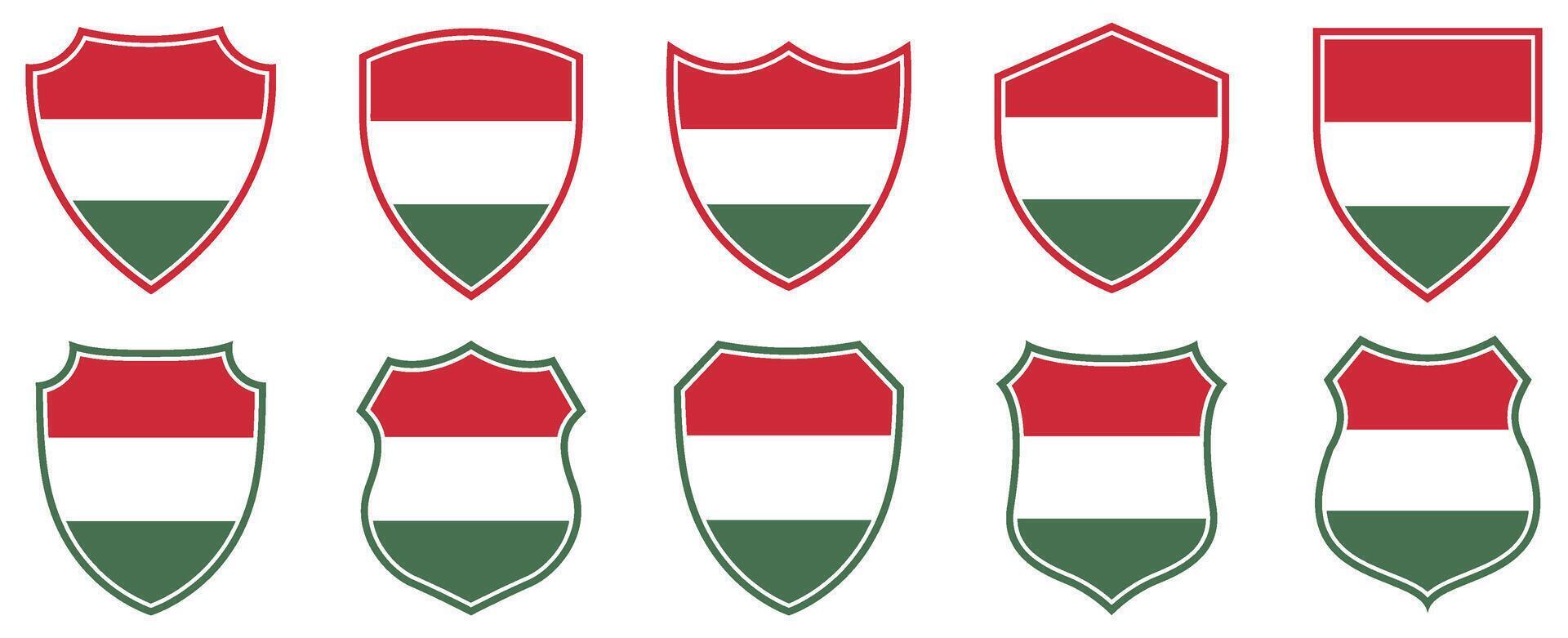 set collections Hungary flag in shield badge icon. Hungary flag symbol of powerful country. Hungary independence day emblem label sticker design template illustration vector