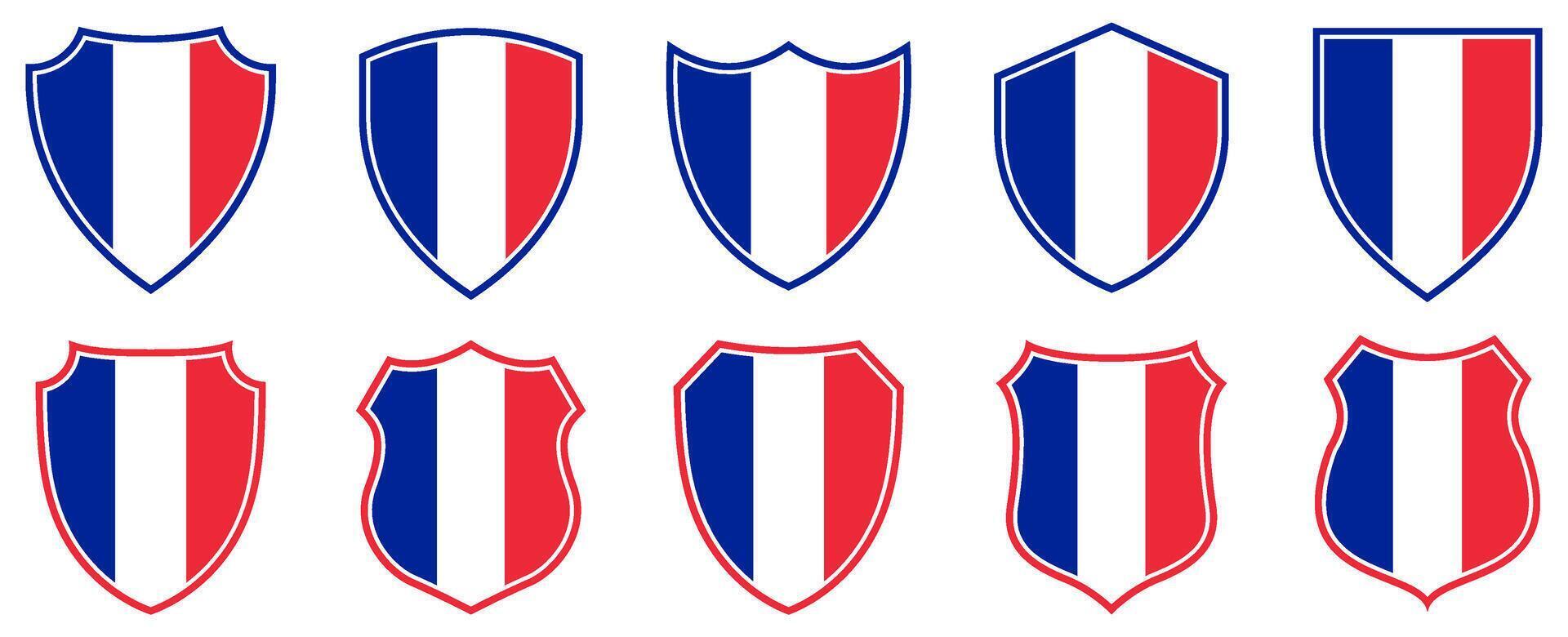set collections france flag in shield badge icon. france flag symbol of powerful country. france independence day emblem label sticker design template illustration vector