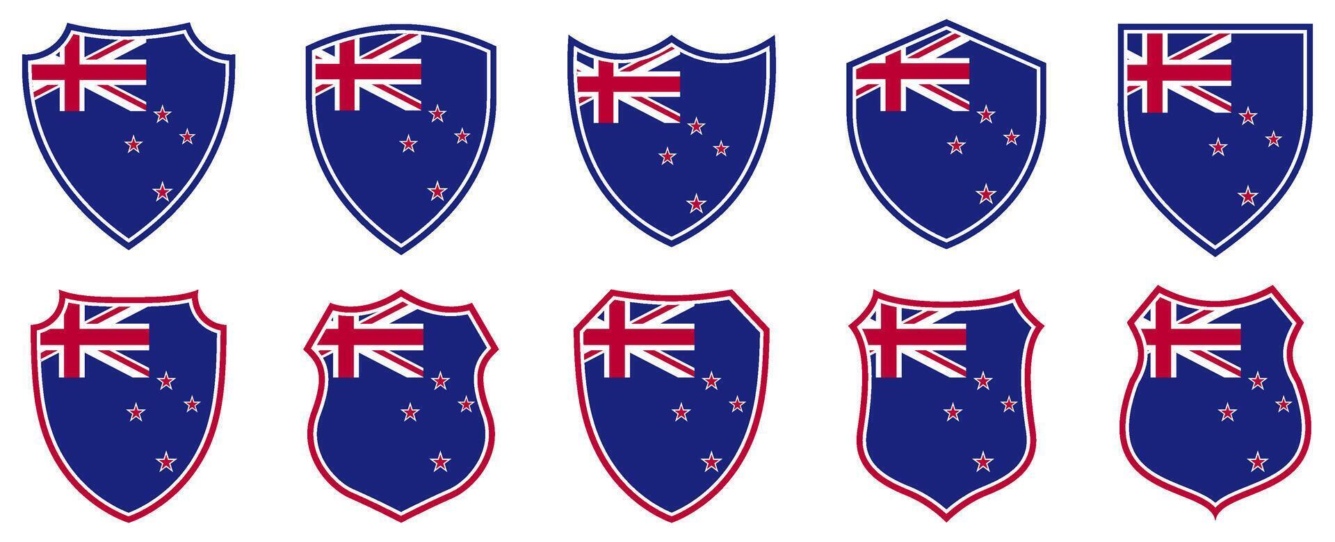 set collections New zealand flag in shield badge icon. New zealand flag symbol of powerful country. New zealand vintage emblem label sticker design template illustration vector