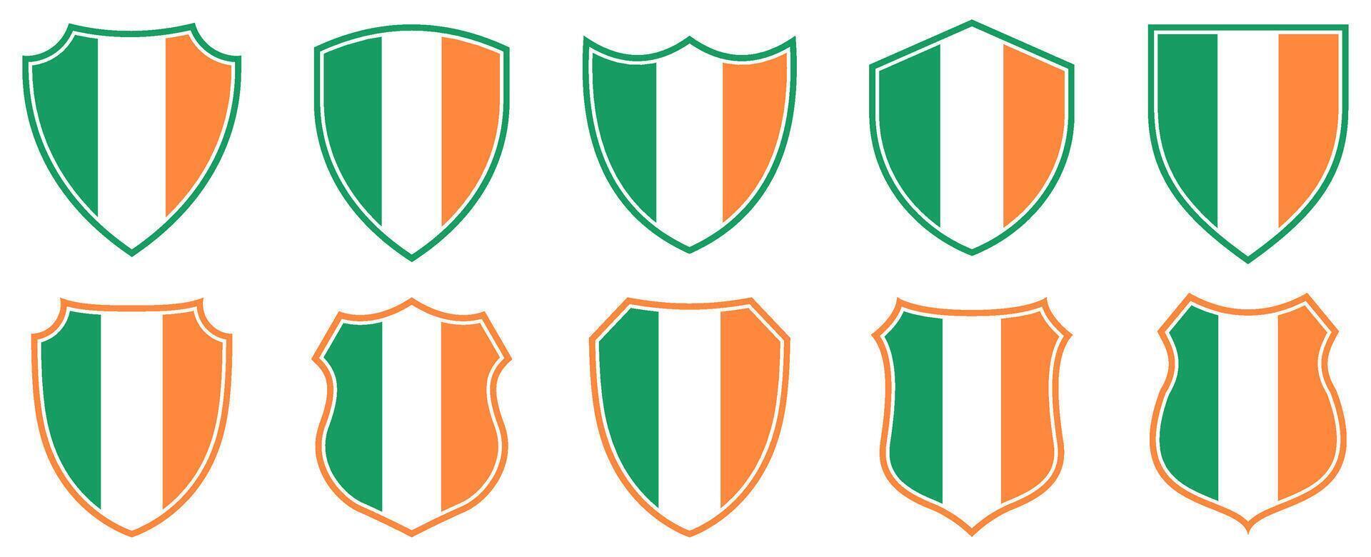 set collections ireland flag in shield badge icon. ireland flag symbol of powerful country. ireland independence day emblem label sticker design template illustration vector