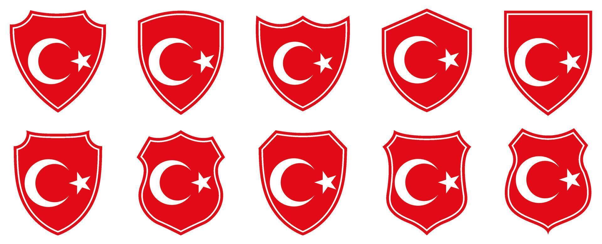 set collections turkey flag in shield badge icon. turkey flag symbol of powerful country. turkey independence day emblem label sticker design template illustration vector