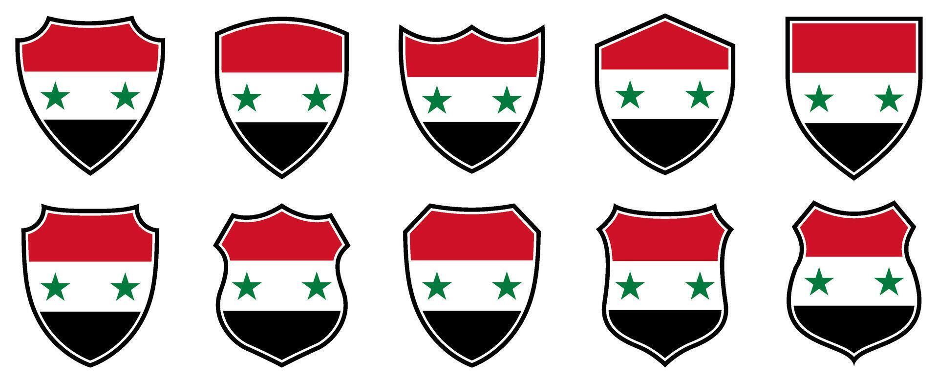 set collections syria flag in shield badge icon. syria flag symbol of powerful country. syria independence day emblem label sticker design template illustration vector