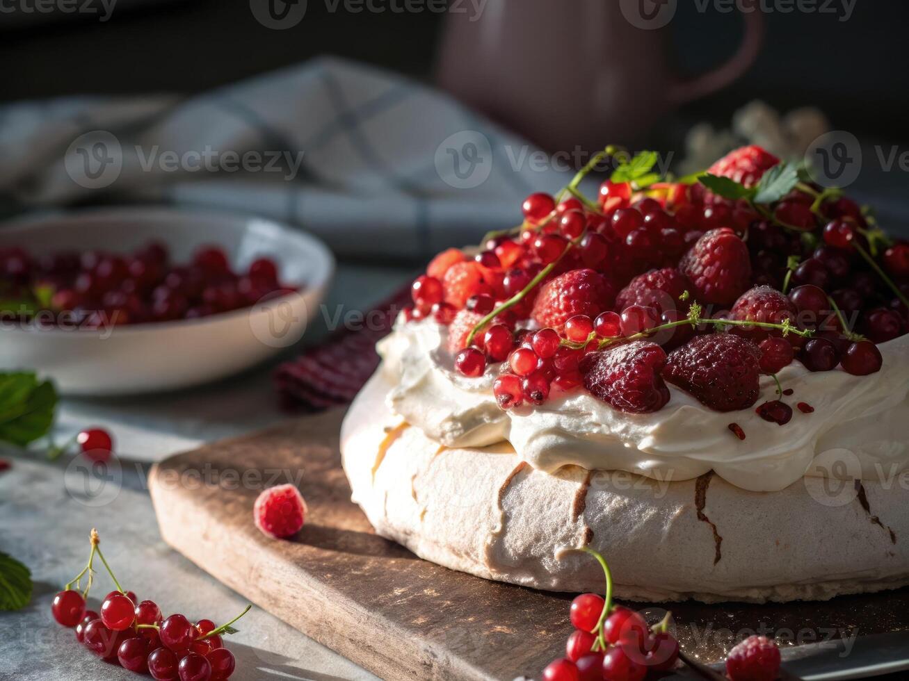 Delicious berry pavlova with red currants enjoyed by a joyful family at a cozy gathering photo