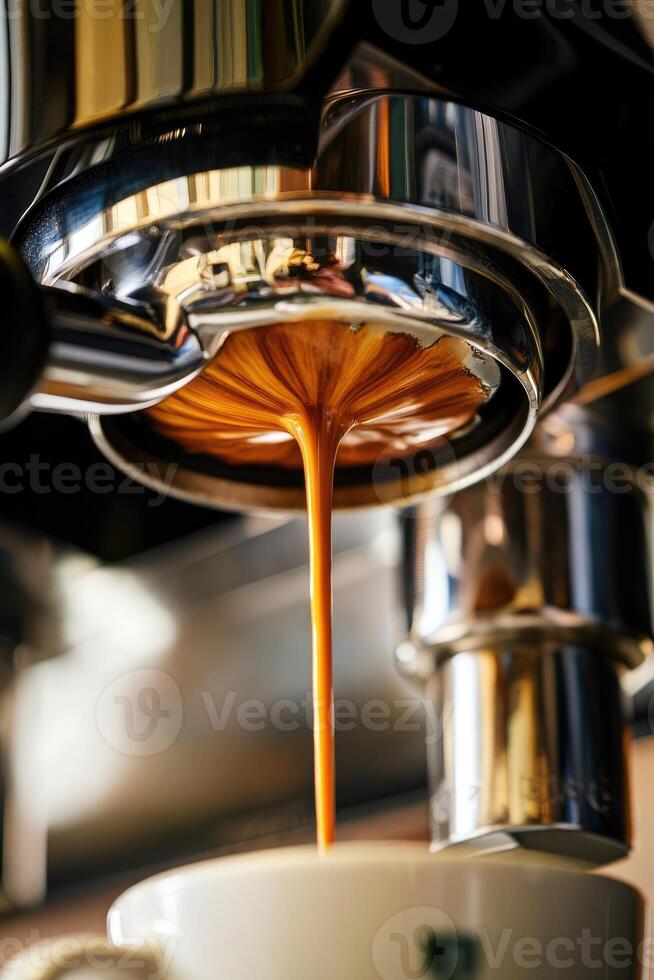 Freshly brewed coffee drips from espresso machine into white cup at cozy cafe photo