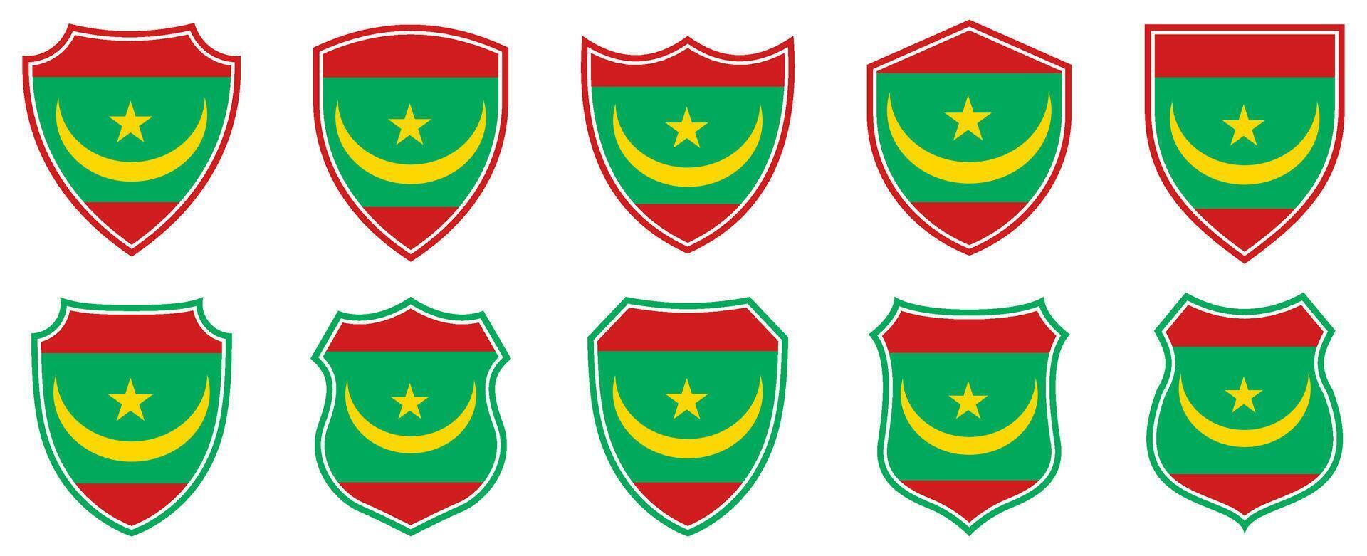 set collections mauritania flag in shield badge icon. mauritania flag symbol of powerful country. mauritania independence day emblem label sticker design template illustration vector
