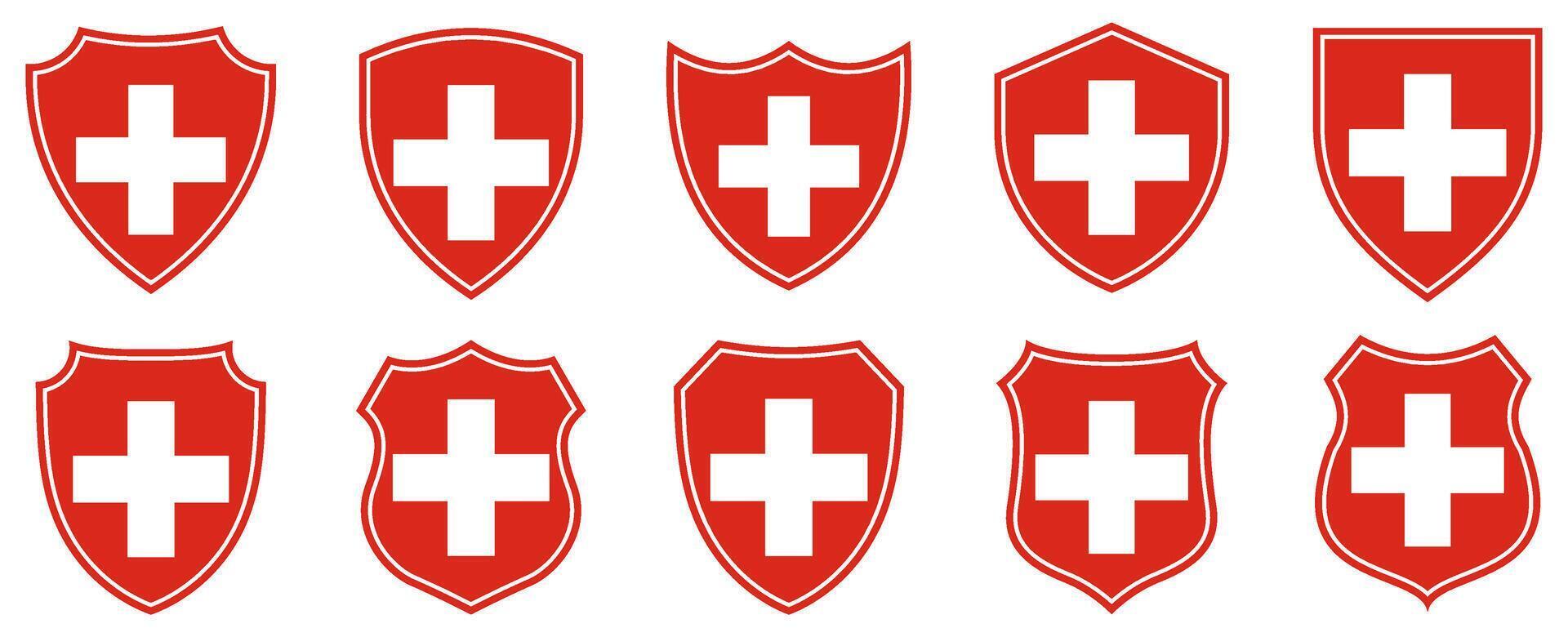 set collections Switzerland flag in shield badge icon. Switzerland flag symbol of powerful country. Switzerland independence day emblem label sticker design template illustration vector