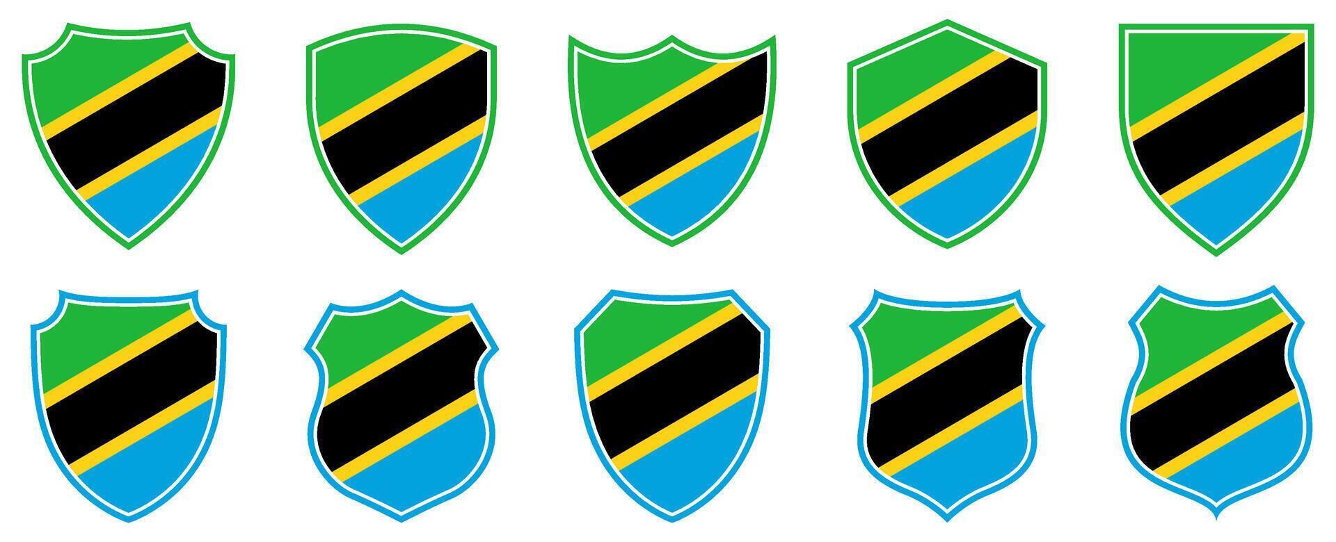 set collections tanzania flag in shield badge icon. tanzania flag symbol of powerful country. tanzania independence day emblem label sticker design template illustration vector