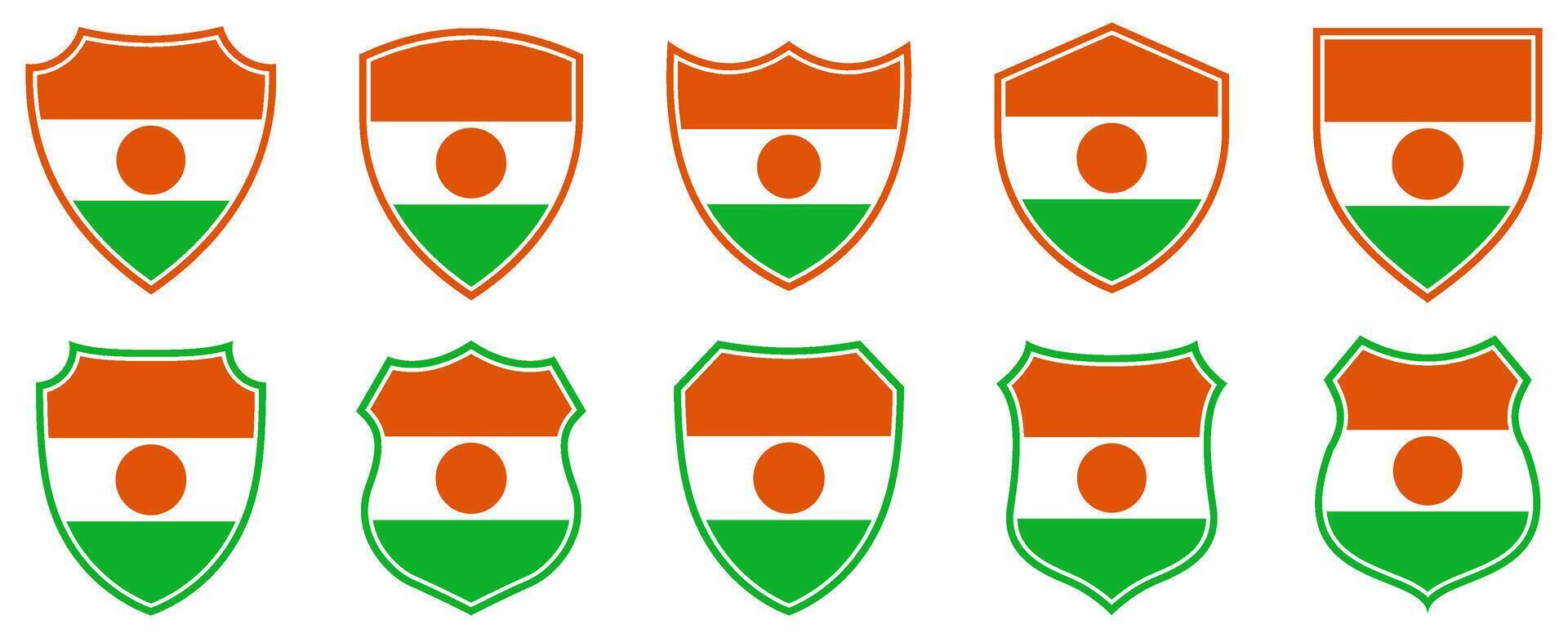 set collections Niger flag in shield badge icon. Niger flag symbol of powerful country. Niger independence day emblem label sticker design template illustration vector