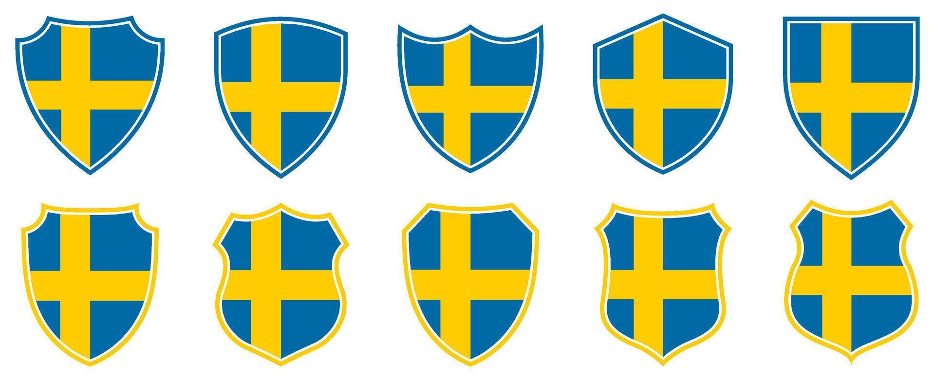set collections sweden flag in shield badge icon. russia flag symbol of powerful country. russia independence day emblem label sticker design template illustration vector