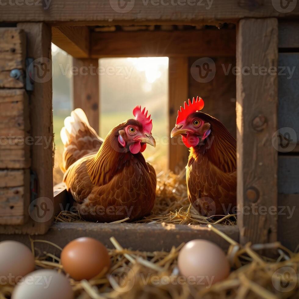 Henhouse view with two chickens enjoying the sunlight and freshly laid eggs photo