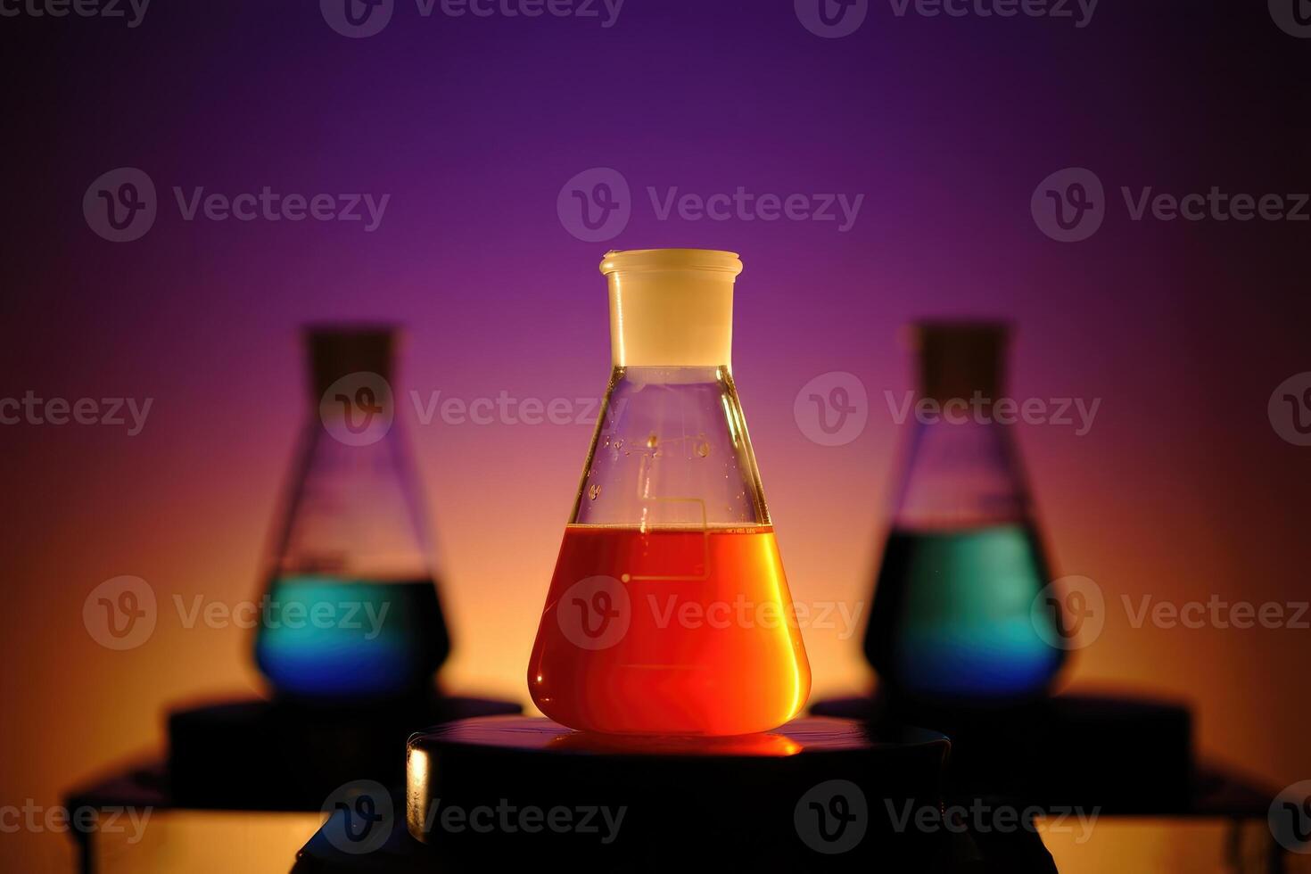 Colorful chemical reaction in laboratory beakers during scientific experimentation photo