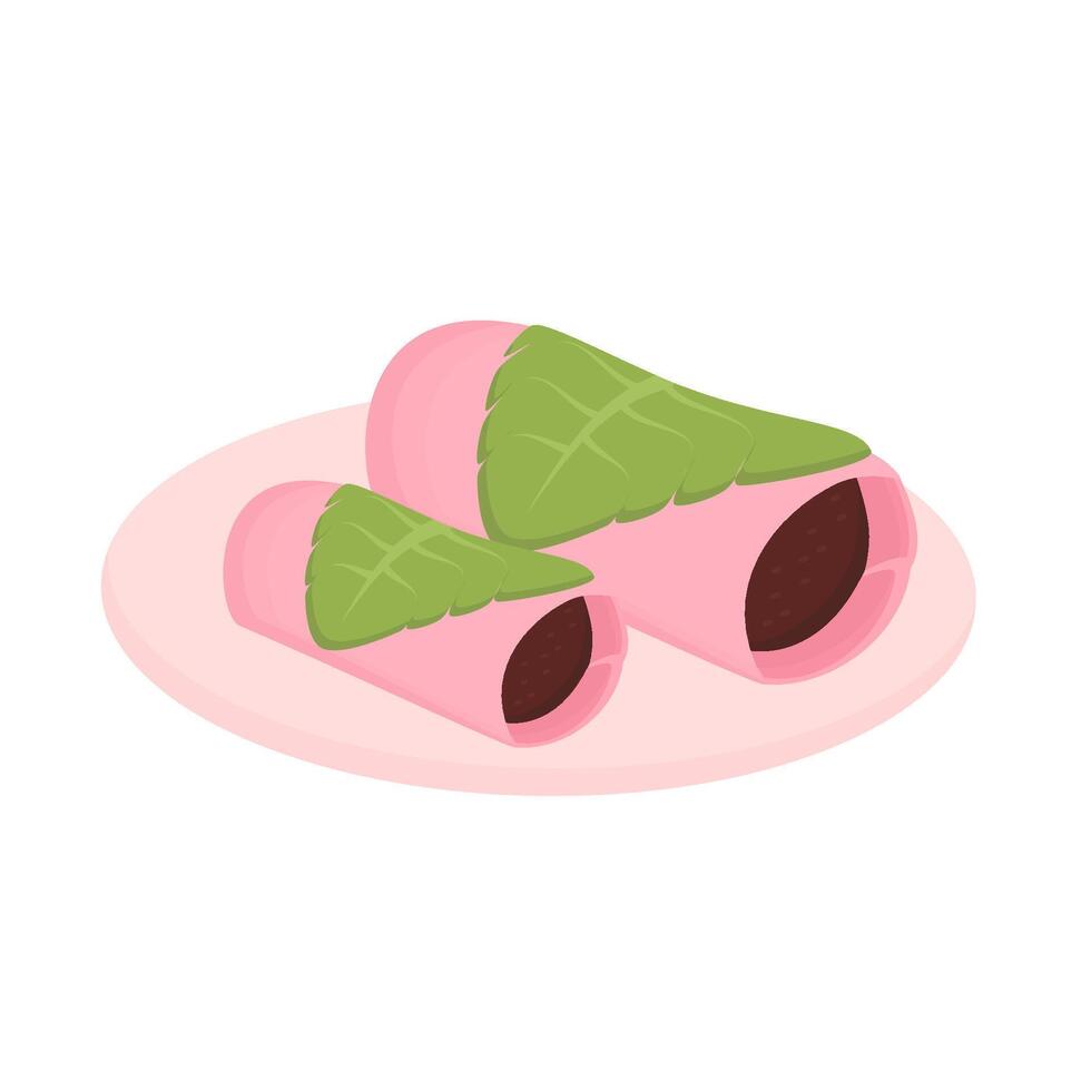Illustration of sakura mochi on a plate, pink sweet rice cake with red bean paste vector