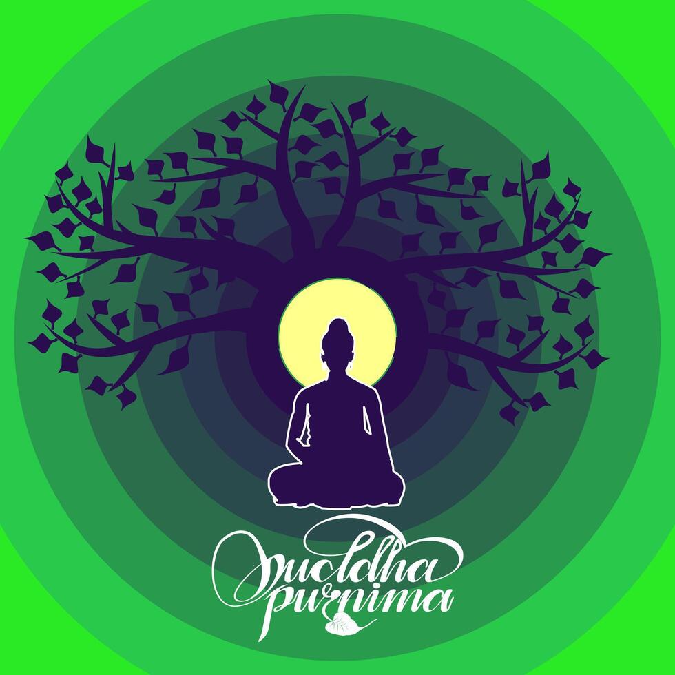 Buddha meditating under Bodhi Tree with glowing halo and green background vector