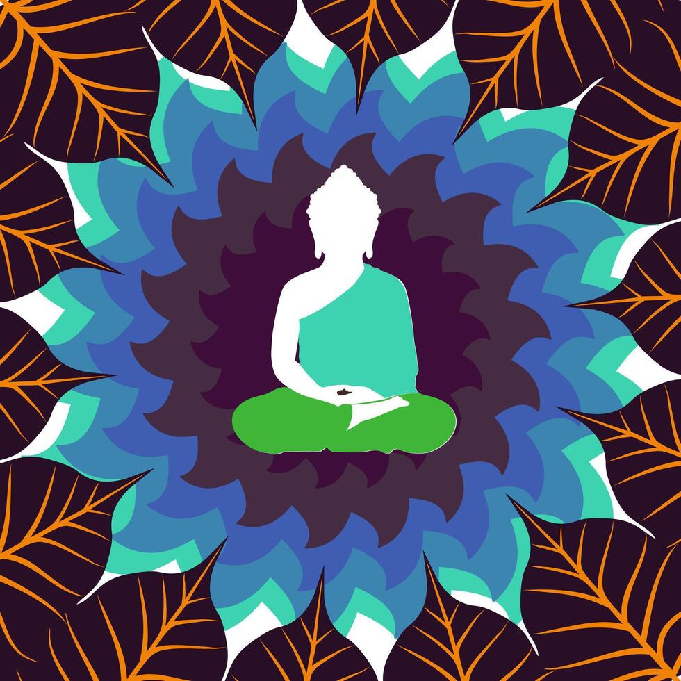 Meditative Buddha silhouette filled with sacred Bodhi leaf patterns vector