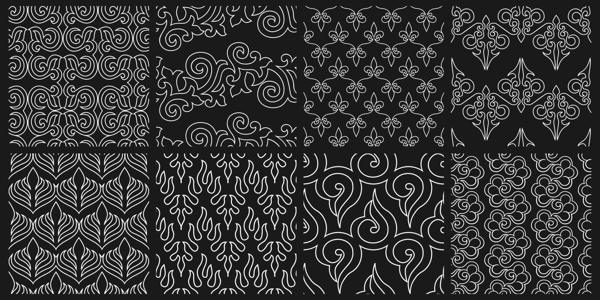 Elegant black and white 8 seamless pattern set featuring floral, swirl, and ornamental designs. vector