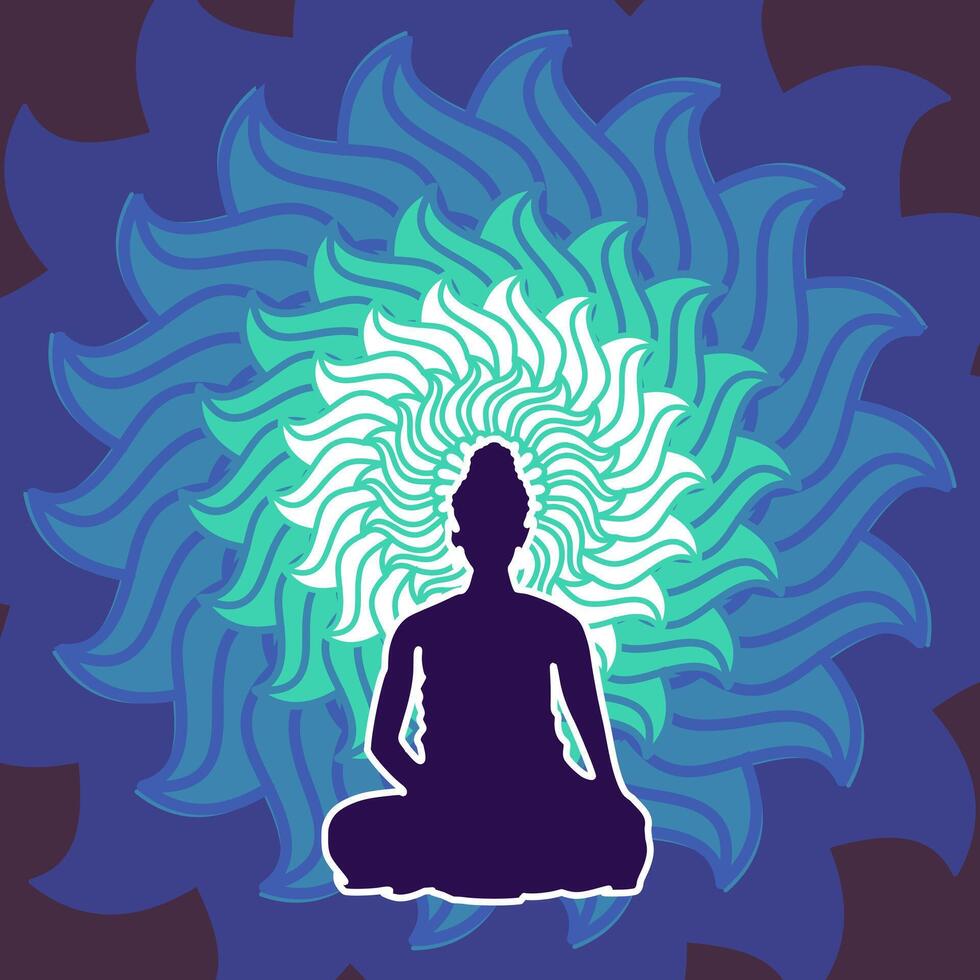 Peaceful Buddha in meditation with blue and aqua mandala aura vector