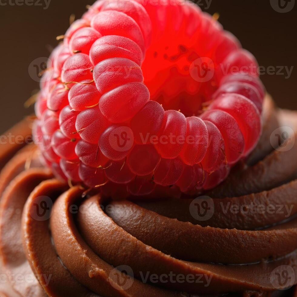 Delicious chocolate dessert topped with a fresh raspberry enjoyed by a happy family together photo
