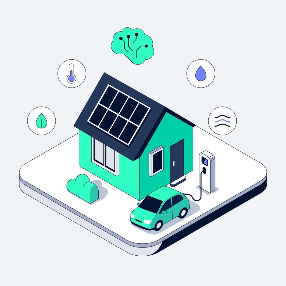 Smart Eco House integrates Solar Panels and electric car charger. Artificial intelligence sensors monitor temperature, humidity and air quality. Sustainable home system improves environmental vector