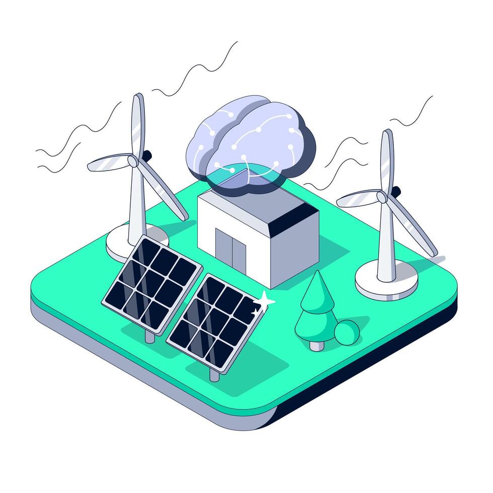 Smart Power Plant integrates Solar Panels and wind Turbines. Artificial intelligence manages renewable energy generation. Small facility operates clean sustainable electricity systems vector