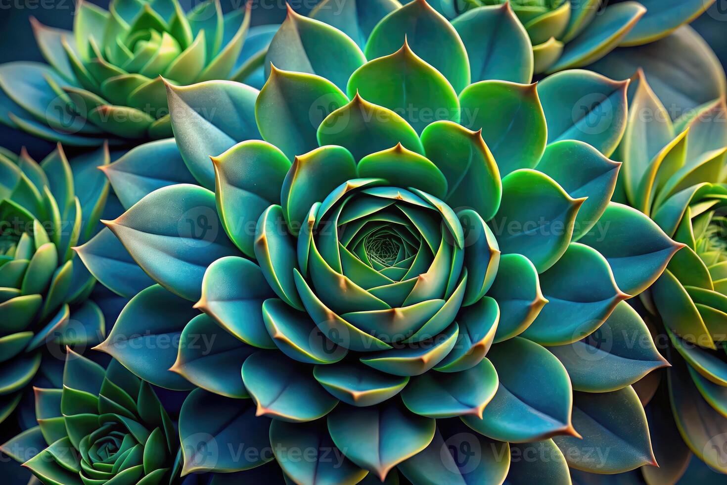 Vibrant succulents showcasing intricate patterns in a well lit environment photo