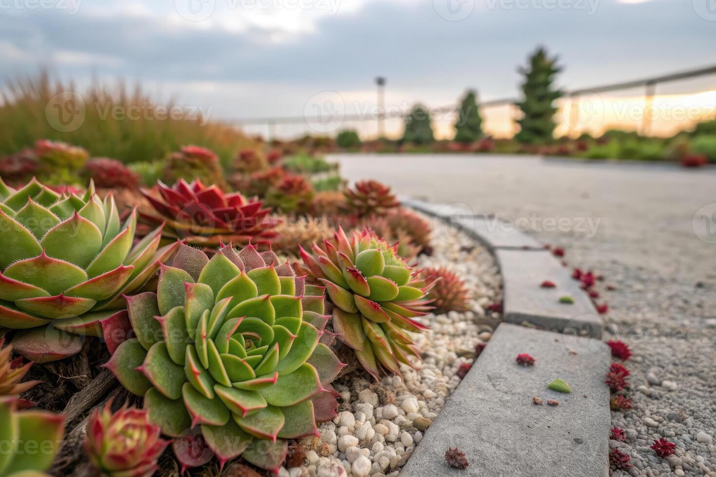 Succulent garden with colorful plants and pathway at sunset in serene outdoor setting photo