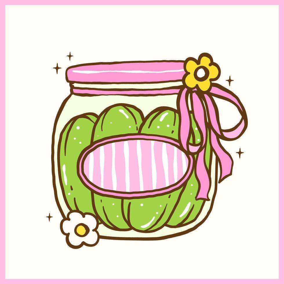 Cute Farmers Market Kawaii Pickle Cucumber Jar with Ribbon Bow Playful Doodle Girly Hand Drawing vector