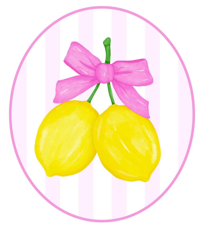 Coquette Lemon with Hot Pink Ribbon Bow Watercolor in Preppy oval frame, Girly Summer Vintage wall art printable vector