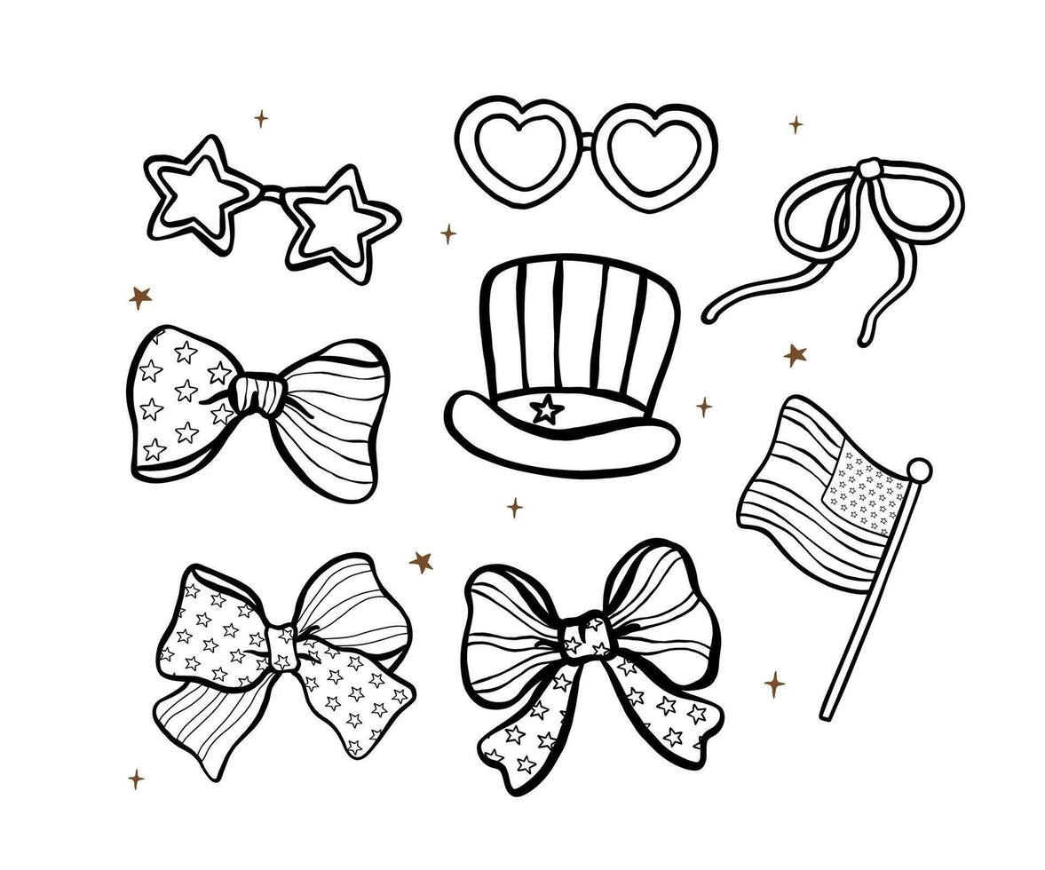 Group of 4th of July American Flag, Hat, sunglassses and Bow Outline Hand Drawn Doodle Illustration vector